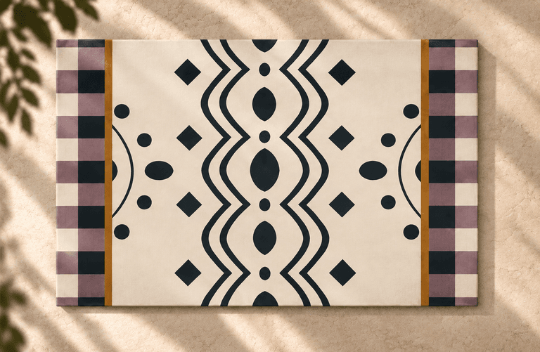 The KIND Shakti pattern on a cream textile with checked borders
